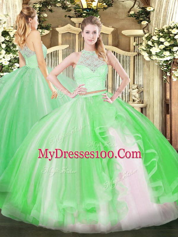 Scoop Sleeveless Zipper 15th Birthday Dress Green Tulle