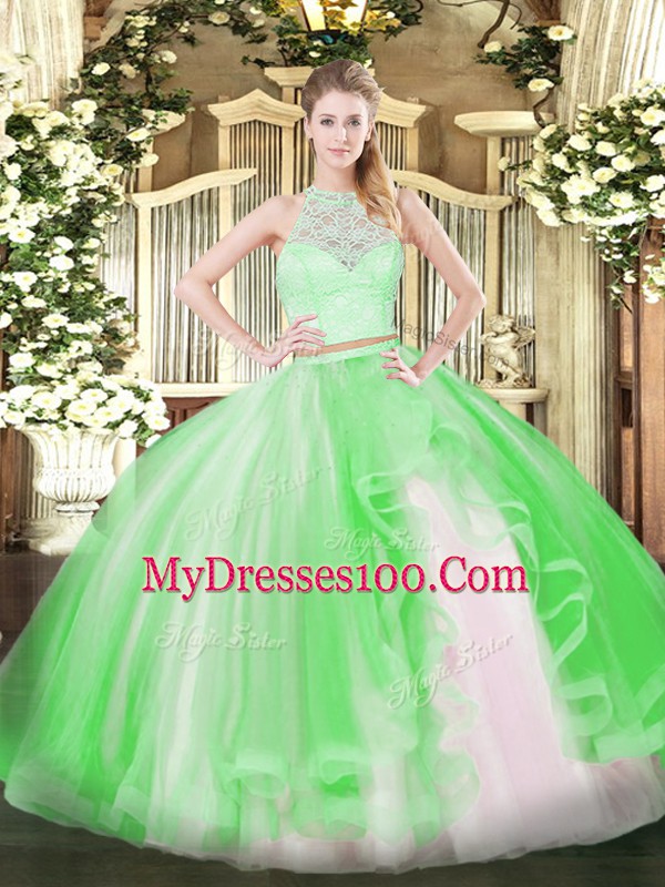 Scoop Sleeveless Zipper 15th Birthday Dress Green Tulle