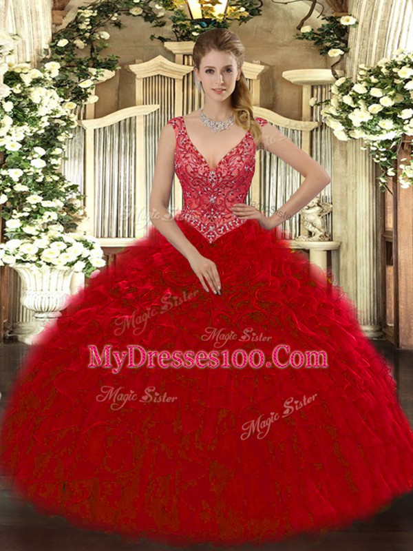 Chic V-neck Sleeveless Organza Vestidos de Quinceanera Beading and Ruffles Zipper