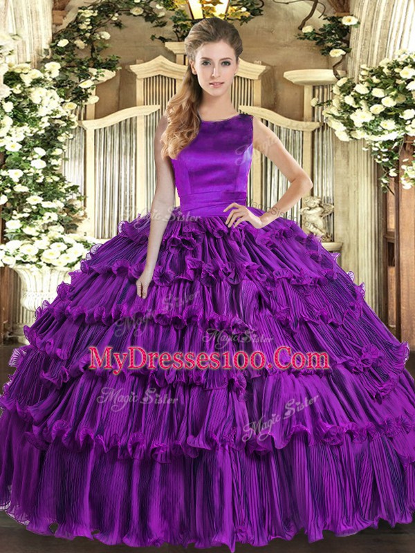 Floor Length Eggplant Purple Sweet 16 Quinceanera Dress Organza Sleeveless Ruffled Layers