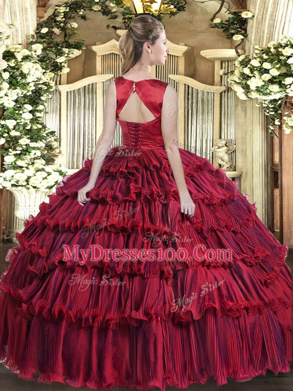 Floor Length Eggplant Purple Sweet 16 Quinceanera Dress Organza Sleeveless Ruffled Layers