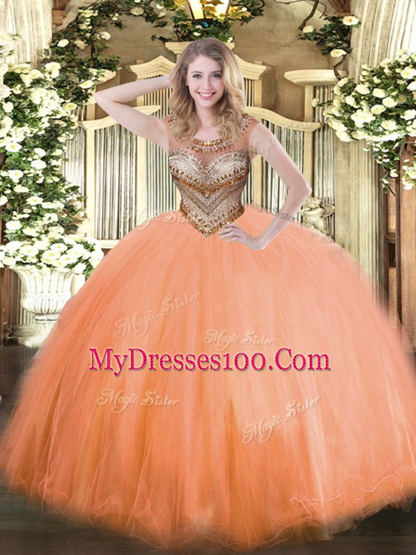 Elegant Floor Length Lace Up 15 Quinceanera Dress Orange Red for Sweet 16 and Quinceanera with Beading