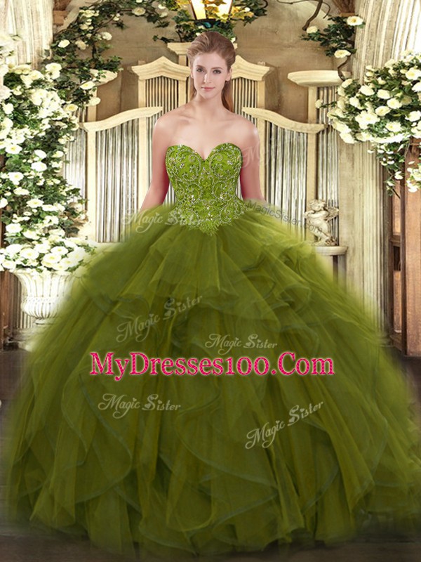 Floor Length Olive Green 15th Birthday Dress Sweetheart Sleeveless Lace Up
