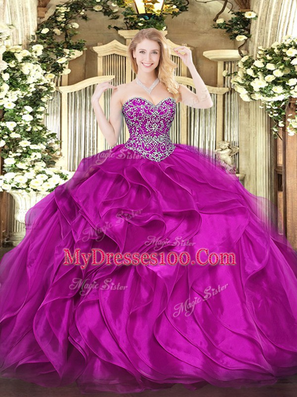 Fuchsia Organza Lace Up Sweet 16 Dress Sleeveless Floor Length Beading and Ruffles