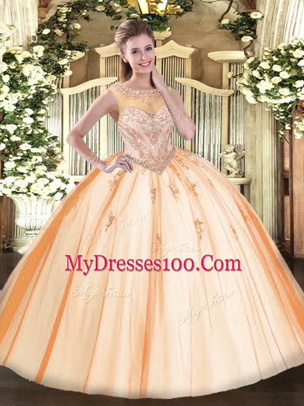 Best Selling Peach Sleeveless Beading and Appliques Floor Length Sweet 16 Dress