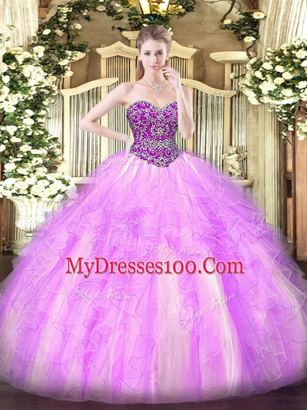 Dazzling Lilac Ball Gowns Tulle Sweetheart Sleeveless Beading and Ruffles Floor Length Lace Up Sweet 16 Quinceanera Dress