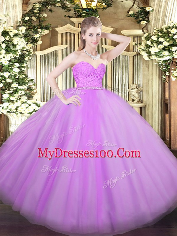 Lilac Sweetheart Zipper Beading and Lace 15th Birthday Dress Sleeveless