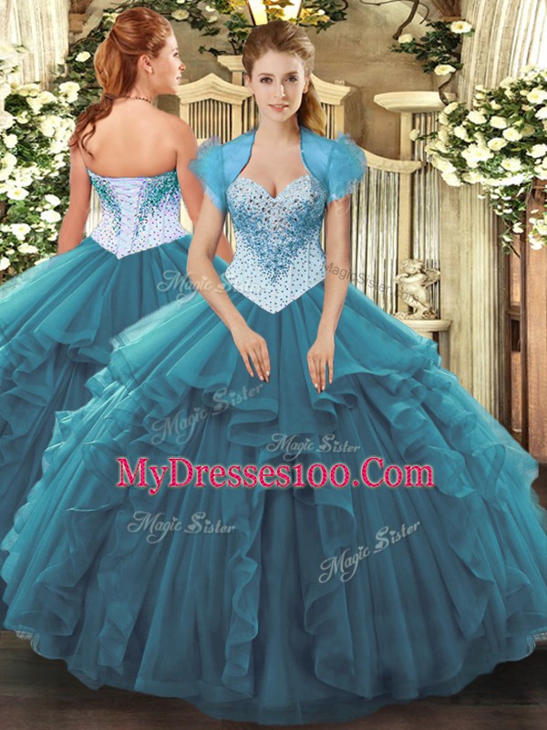 Sleeveless Floor Length Beading and Ruffles Lace Up Sweet 16 Dress with Teal