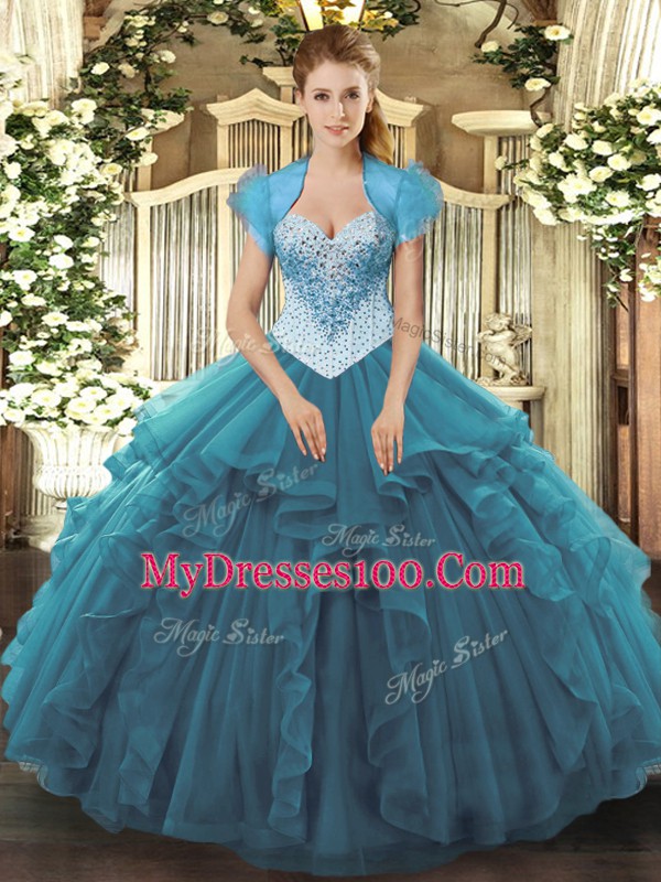 Sleeveless Floor Length Beading and Ruffles Lace Up Sweet 16 Dress with Teal