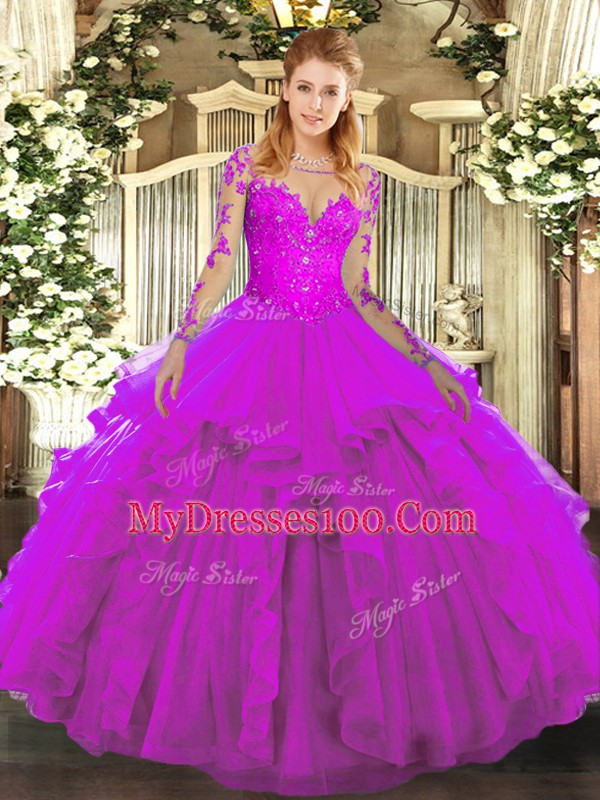 Fuchsia Tulle Lace Up 15 Quinceanera Dress Long Sleeves Floor Length Lace and Ruffles