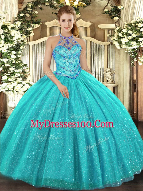 High End Aqua Blue Quinceanera Dress Military Ball and Sweet 16 and Quinceanera with Beading and Embroidery Halter Top Sleeveless Lace Up