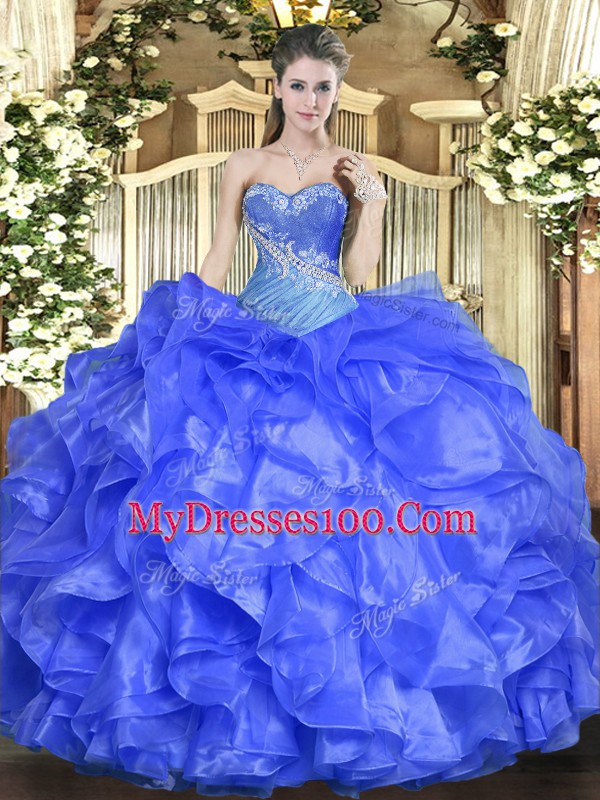 Ideal Blue Sleeveless Beading and Ruffles Floor Length Quinceanera Dresses