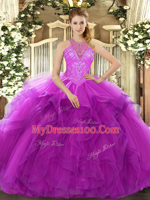 Sleeveless Lace Up Floor Length Beading and Ruffles Sweet 16 Dress