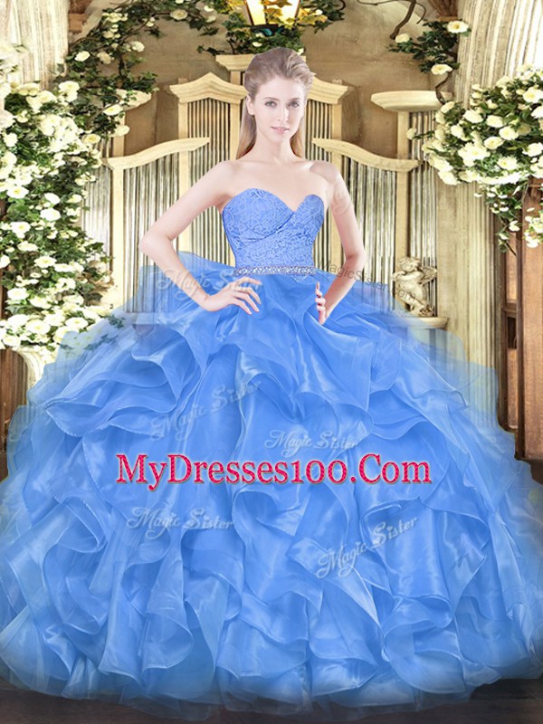 Lovely Floor Length Zipper Quinceanera Dresses Baby Blue for Military Ball and Sweet 16 and Quinceanera with Beading and Lace and Ruffles