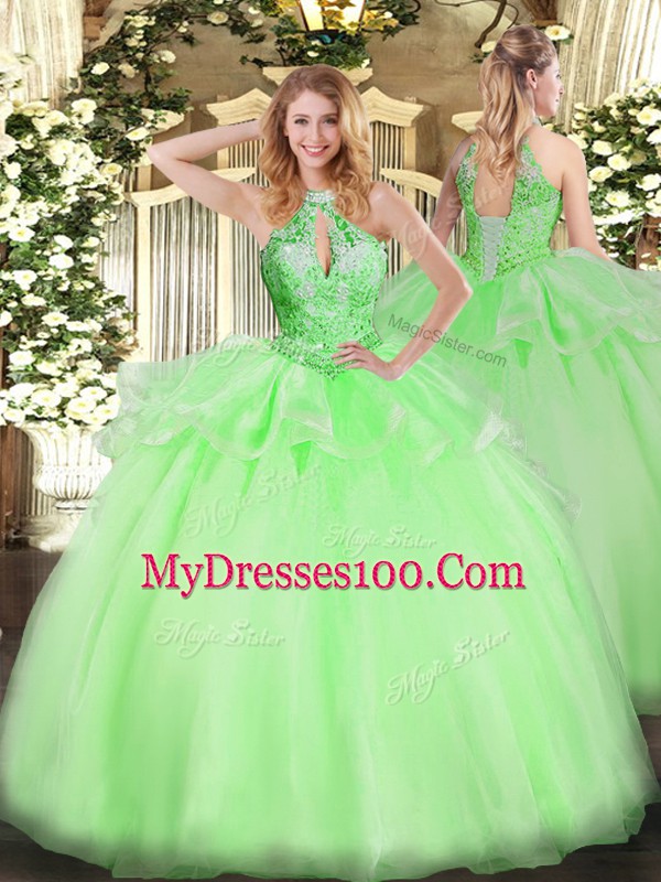 Organza Halter Top Sleeveless Lace Up Beading Sweet 16 Dress in