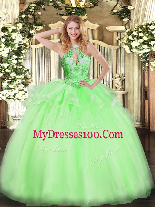 Organza Halter Top Sleeveless Lace Up Beading Sweet 16 Dress in