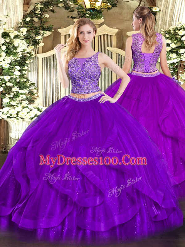 Superior Beading and Ruffles Quinceanera Gown Purple Lace Up Sleeveless Floor Length