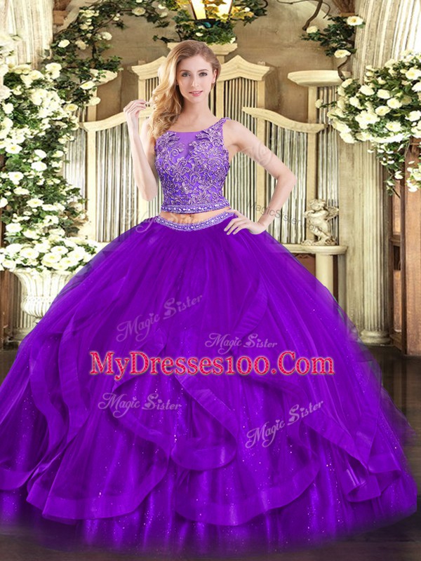 Superior Beading and Ruffles Quinceanera Gown Purple Lace Up Sleeveless Floor Length