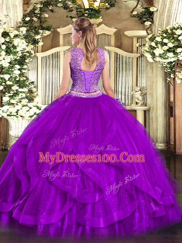 Superior Beading and Ruffles Quinceanera Gown Purple Lace Up Sleeveless Floor Length