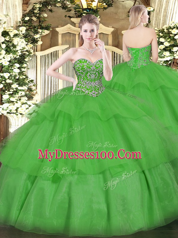 Beautiful Green Lace Up Sweetheart Beading and Ruffled Layers Quince Ball Gowns Organza Sleeveless