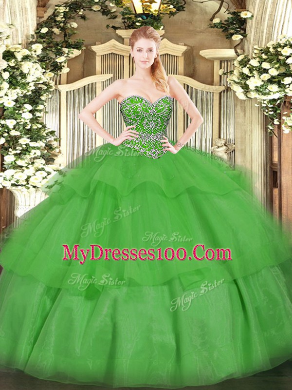 Beautiful Green Lace Up Sweetheart Beading and Ruffled Layers Quince Ball Gowns Organza Sleeveless