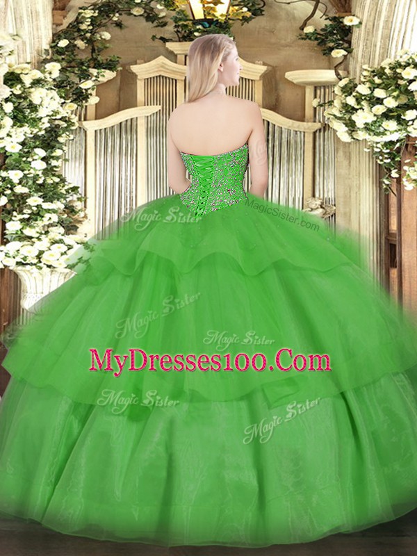 Beautiful Green Lace Up Sweetheart Beading and Ruffled Layers Quince Ball Gowns Organza Sleeveless
