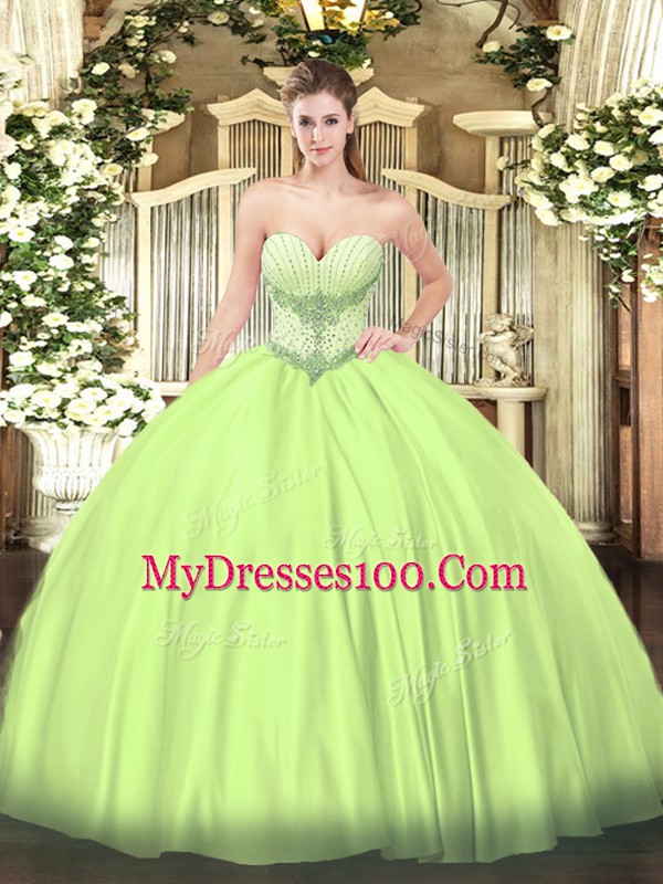 Yellow Green Lace Up Quince Ball Gowns Beading Sleeveless Floor Length