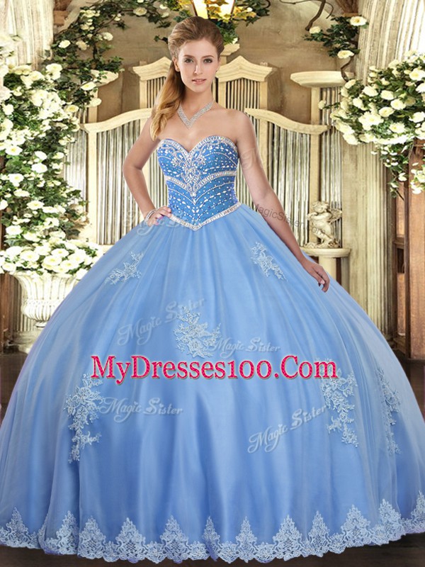Stunning Blue Ball Gowns Tulle Sweetheart Sleeveless Beading and Appliques Floor Length Lace Up 15th Birthday Dress