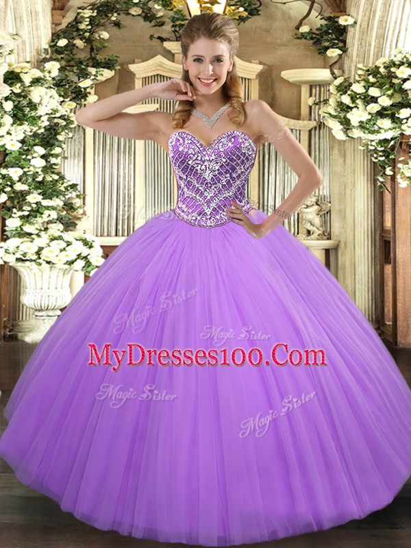 Excellent Lavender Sleeveless Floor Length Beading Lace Up Sweet 16 Dresses