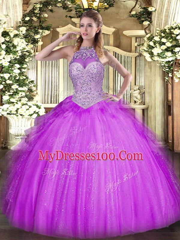 Trendy Halter Top Sleeveless Tulle 15th Birthday Dress Beading and Ruffles Lace Up