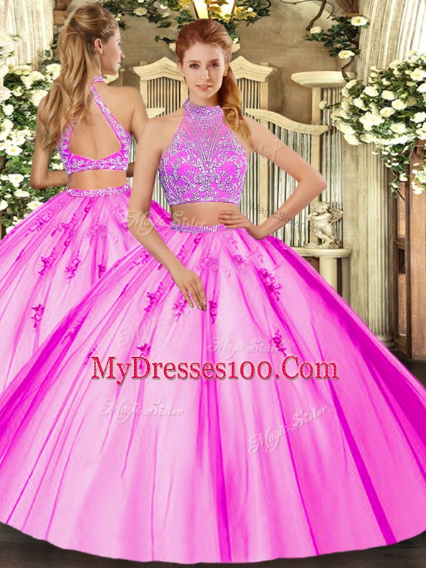 Affordable Halter Top Sleeveless Tulle Ball Gown Prom Dress Beading Criss Cross