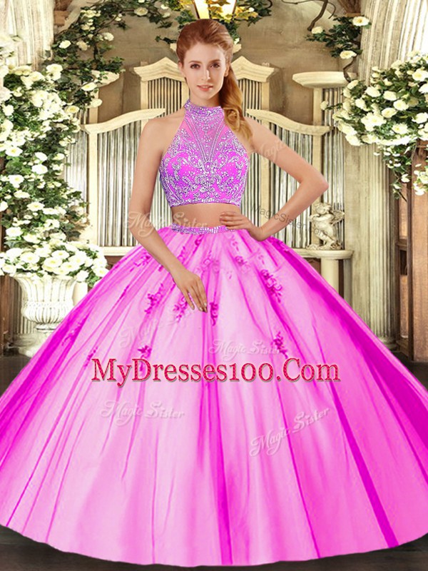 Affordable Halter Top Sleeveless Tulle Ball Gown Prom Dress Beading Criss Cross