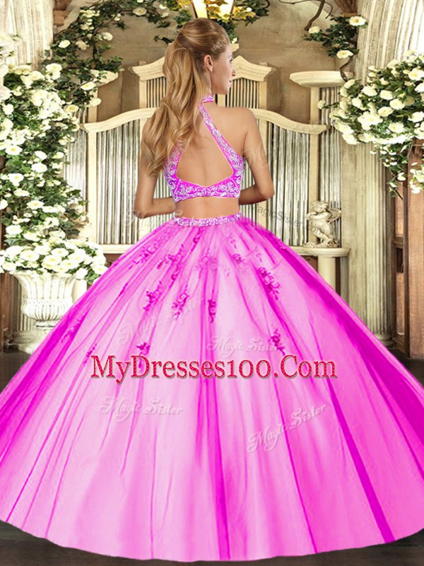 Affordable Halter Top Sleeveless Tulle Ball Gown Prom Dress Beading Criss Cross