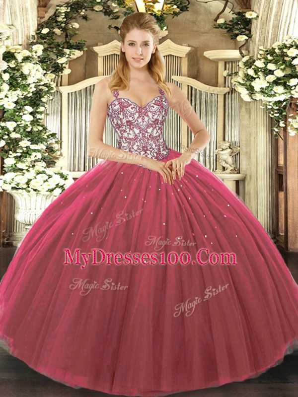Floor Length Fuchsia Vestidos de Quinceanera Straps Sleeveless Lace Up