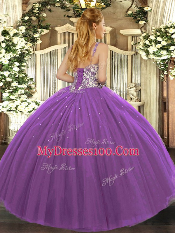 Floor Length Fuchsia Vestidos de Quinceanera Straps Sleeveless Lace Up