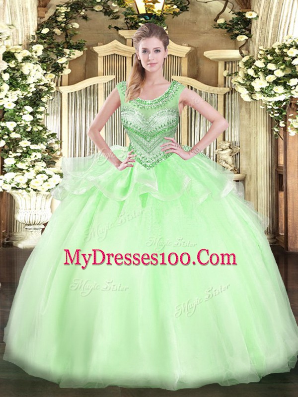 Apple Green Organza Lace Up Ball Gown Prom Dress Sleeveless Floor Length Beading