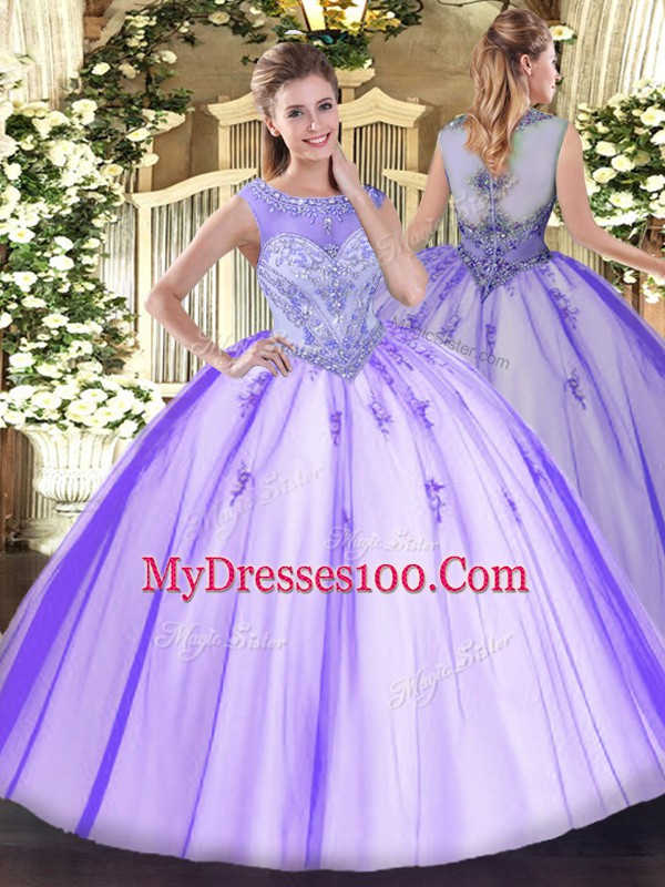Lavender Ball Gowns Beading and Appliques 15th Birthday Dress Zipper Tulle Sleeveless Floor Length