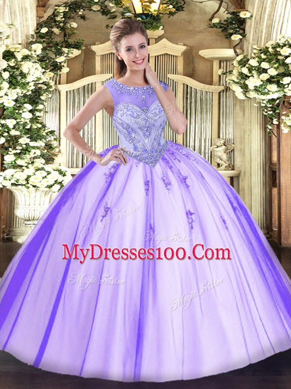 Lavender Ball Gowns Beading and Appliques 15th Birthday Dress Zipper Tulle Sleeveless Floor Length