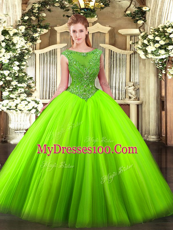 Tulle Sleeveless Floor Length Quinceanera Gowns and Beading