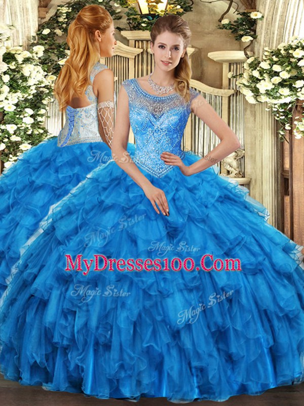 Top Selling Baby Blue Lace Up Ball Gown Prom Dress Beading and Ruffles Sleeveless Floor Length