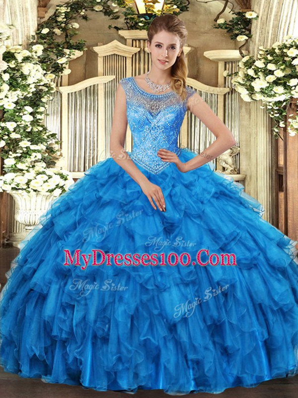 Top Selling Baby Blue Lace Up Ball Gown Prom Dress Beading and Ruffles Sleeveless Floor Length