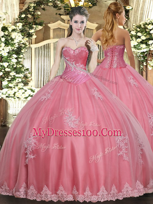 Watermelon Red Sleeveless Beading and Appliques Floor Length 15th Birthday Dress