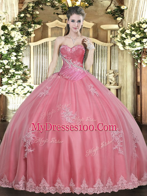 Watermelon Red Sleeveless Beading and Appliques Floor Length 15th Birthday Dress