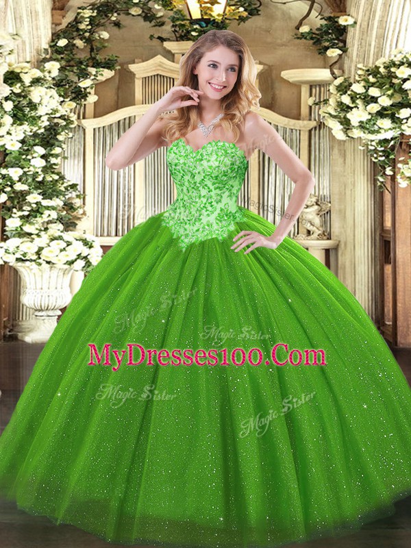 Green Lace Up Quinceanera Dress Appliques Sleeveless Floor Length