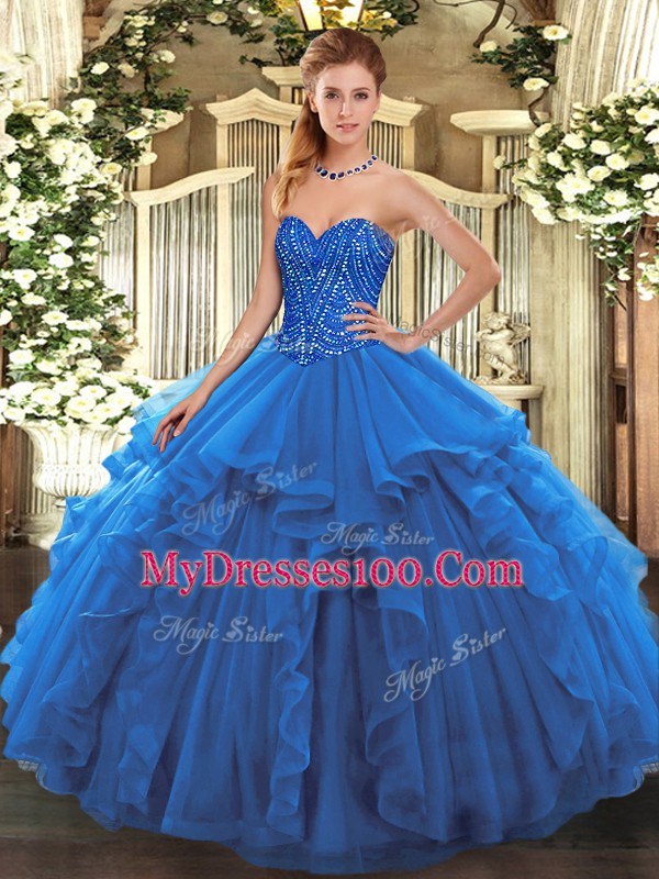 Gorgeous Blue Sweetheart Lace Up Beading and Ruffles Sweet 16 Quinceanera Dress Sleeveless