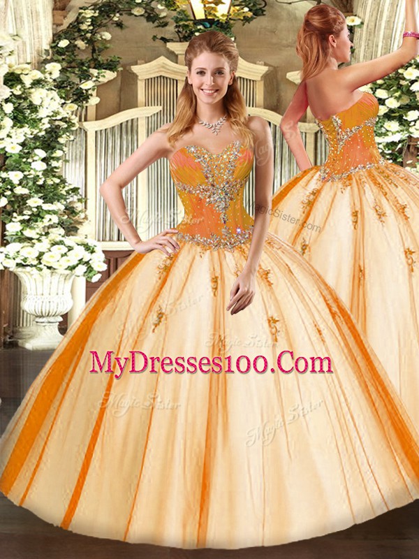 Gold Tulle Lace Up Sweetheart Sleeveless Floor Length Quinceanera Dress Beading