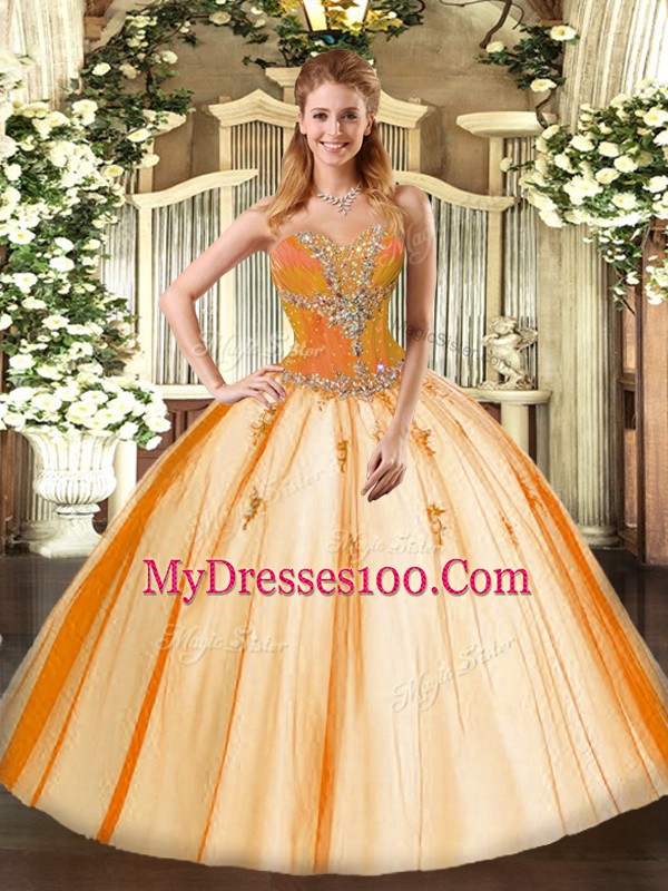 Gold Tulle Lace Up Sweetheart Sleeveless Floor Length Quinceanera Dress Beading