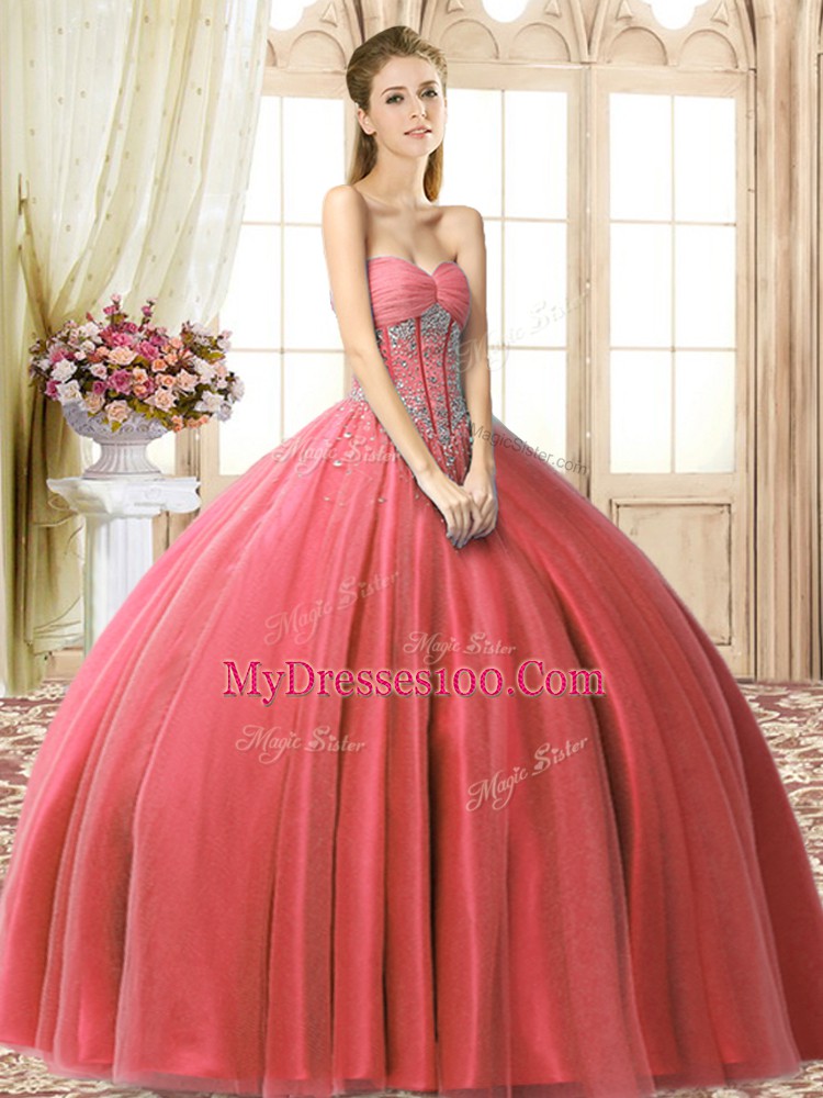 Beauteous Floor Length Coral Red Sweet 16 Dress Sweetheart Sleeveless Lace Up
