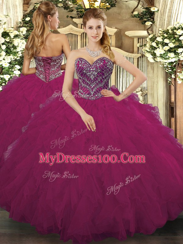 Edgy Fuchsia Tulle Lace Up Quinceanera Dresses Sleeveless Floor Length Beading and Ruffled Layers