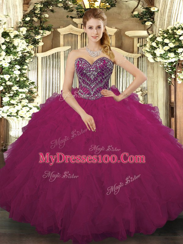 Edgy Fuchsia Tulle Lace Up Quinceanera Dresses Sleeveless Floor Length Beading and Ruffled Layers